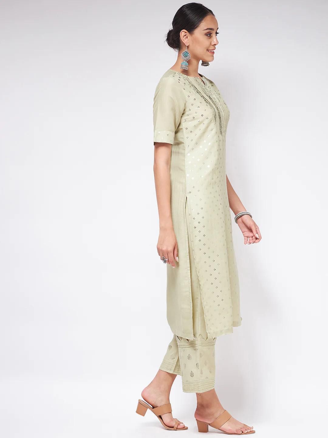 PANNKH Pista Festive Foil Printed Straight-Fit Kurta