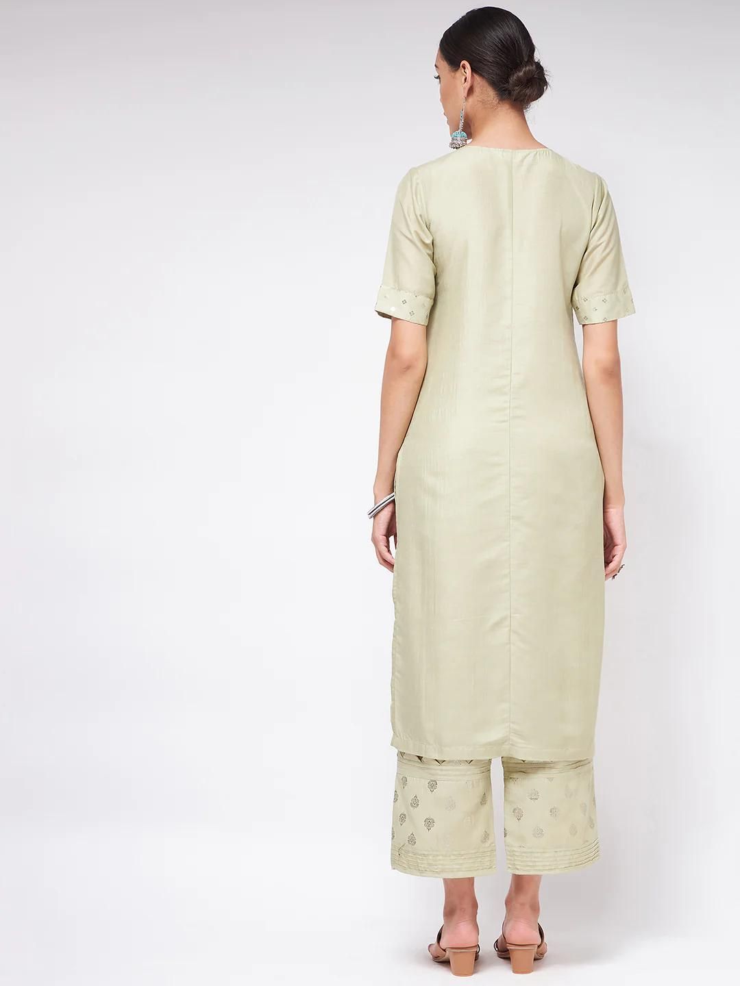 PANNKH Pista Festive Foil Printed Straight-Fit Kurta